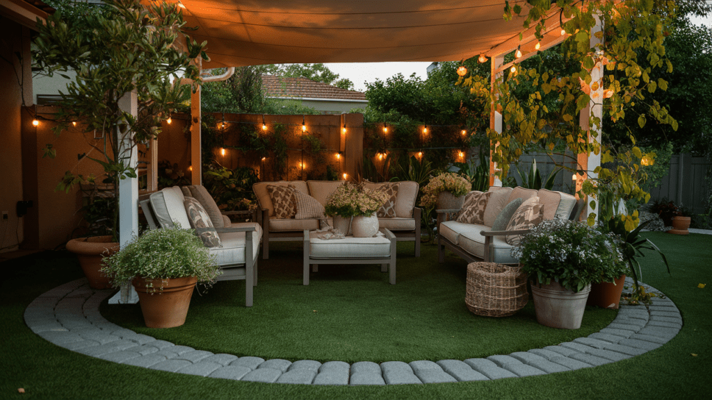 a photo of a cozy backyard space with modern outdoor furniture on lush green grass surrounded by a ring of pavers